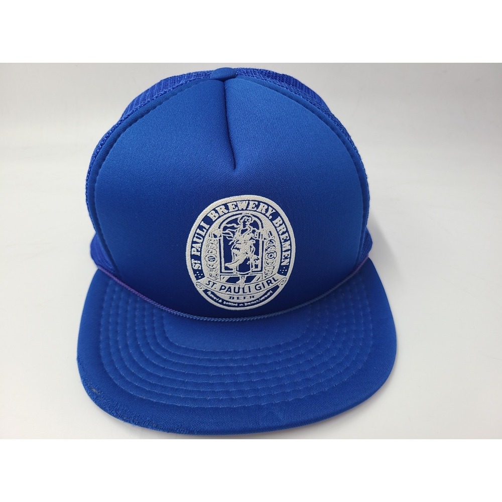 Vintage St Pauli Girl Beer Brewery Distressed Mesh Trucker Snapback Hat Cap Blue
